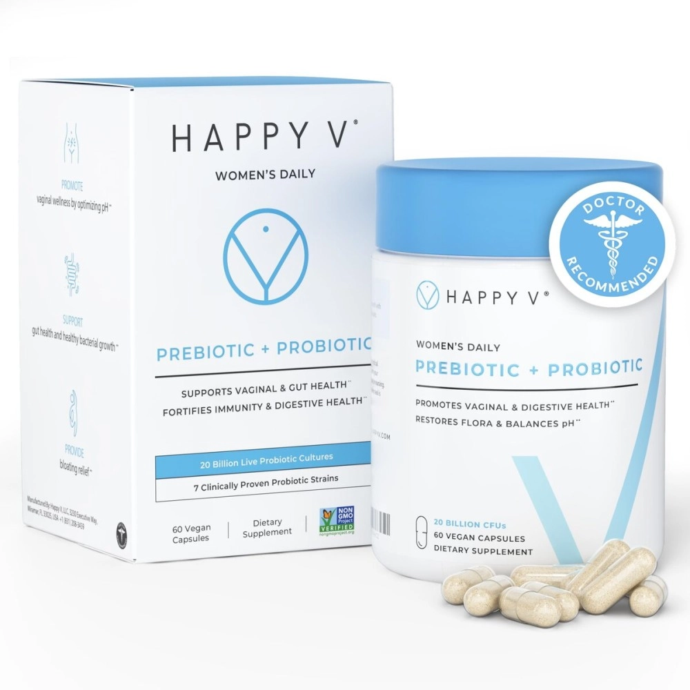 Happy v Dr. Formulated l Probiotics for Women, Clinically Proven Womens Probiotic for l Health & pH Balance Complex, Natural BV Treatment & Yeast Infection Prebiotics, 60 Vegan Capsules