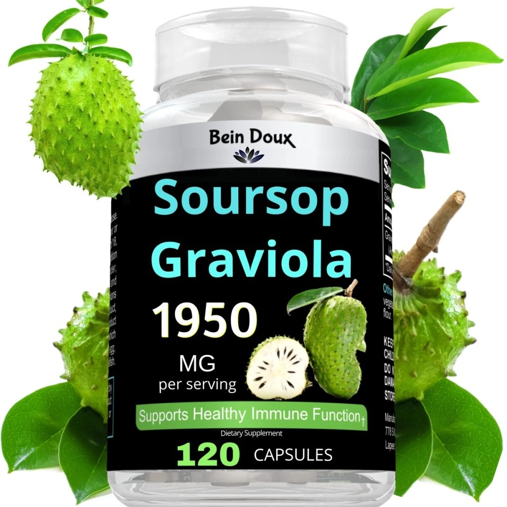 BEIN DOUX 1950mg Soursop Graviola Capsules (Guanbana) Organic Leaves Powder Rich in Potent Anti-Oxidants - 120 Capsules 40 Servings