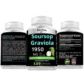 BEIN DOUX 1950mg Soursop Graviola Capsules (Guanbana) Organic Leaves Powder Rich in Potent Anti-Oxidants - 120 Capsules 40 Servings