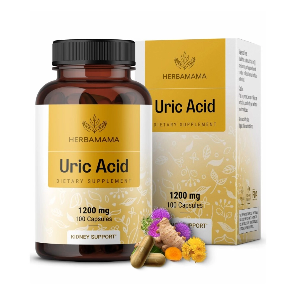 HERBAMAMA Uric Acid Support Capsules - Organic Herbal Food Supplement with Tart Cherry, Celery, Turmeric & Chanca Piedra - Body Cleanse & Joint Function Support - Vegan, Non-GMO - 1200mg, 100 Capsules