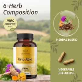 HERBAMAMA Uric Acid Support Capsules - Organic Herbal Food Supplement with Tart Cherry, Celery, Turmeric & Chanca Piedra - Body Cleanse & Joint Function Support - Vegan, Non-GMO - 1200mg, 100 Capsules