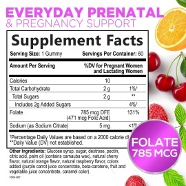 Folic Acid Gummies for Women, Essential Prenatal Vitamins for Mom & Baby, Prenatal Gummy Supplement, B9 Chewable Extra Strength Folate Supplement for Before, During, and After Pregnancy - 60 Gummies