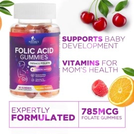 Folic Acid Gummies for Women, Essential Prenatal Vitamins for Mom & Baby, Prenatal Gummy Supplement, B9 Chewable Extra Strength Folate Supplement for Before, During, and After Pregnancy - 60 Gummies