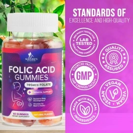 Folic Acid Gummies for Women, Essential Prenatal Vitamins for Mom & Baby, Prenatal Gummy Supplement, B9 Chewable Extra Strength Folate Supplement for Before, During, and After Pregnancy - 60 Gummies