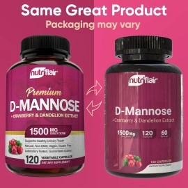 NutriFlair D Mannose 1500mg, 120 Capsules - with Cranberry and Dandelion Extract - Natural Urinary Tract Infection, UTI Support - Best DMannose Powder - Flush Impurities, Detox Body, for Women and Men