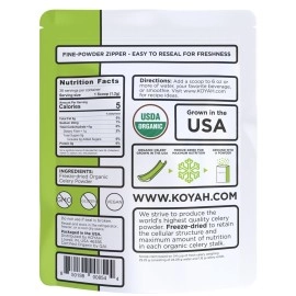 KOYAH - Organic USA Grown Celery Powder (1 Scoop = 1/4 Cup Fresh): 36 Servings, Freeze-dried, Whole-Stalk Powder