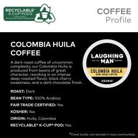 Laughing Man Colombia Huila Coffee, Keurig Single Serve K-Cup Pods, Dark Roast, 88 Count (4 Packs of 22)