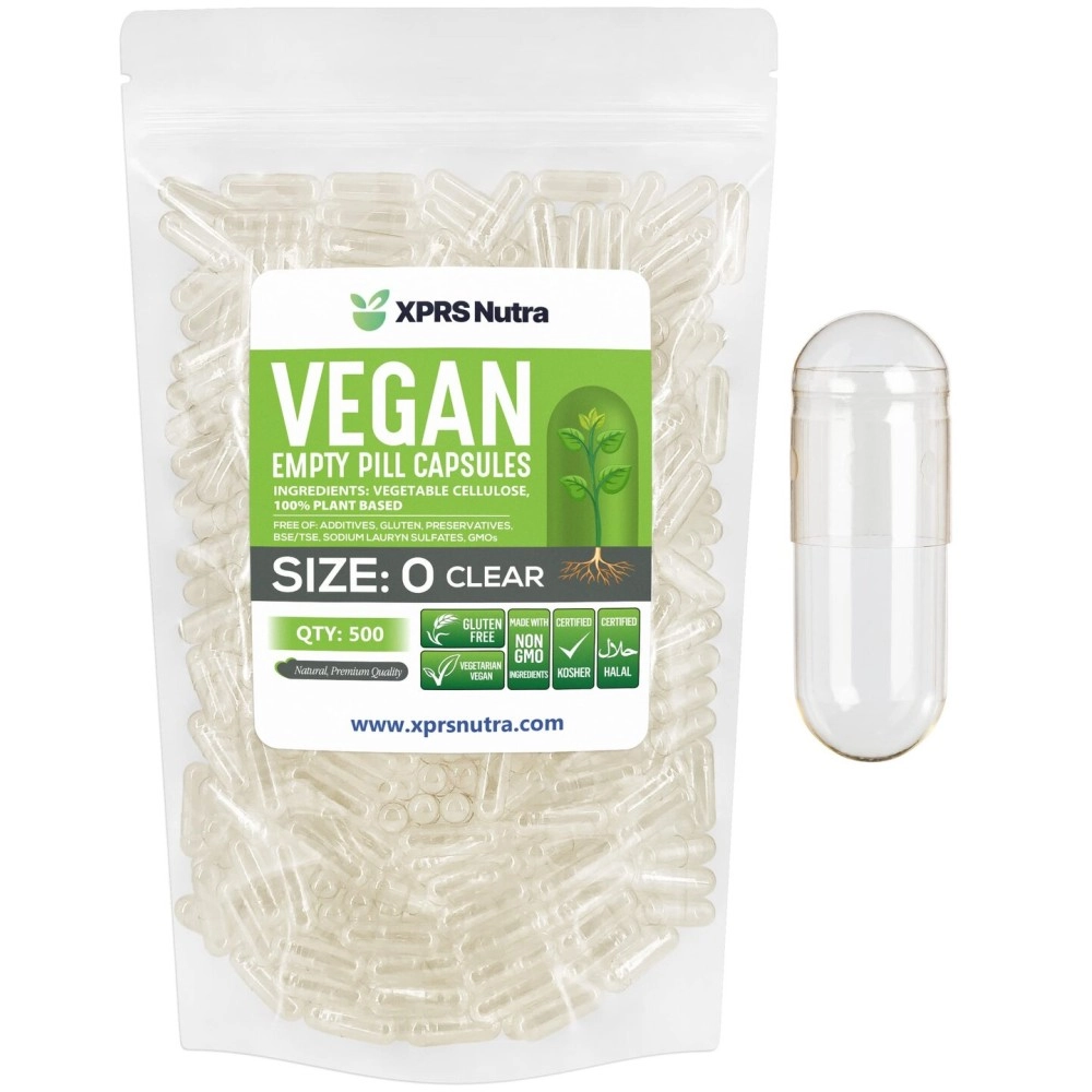 XPRS Nutra Size 0 Empty Capsules - 500 Count Clear Empty Vegan Capsules - Vegetarian Pills - DIY Vegetable Capsule Filling - Veggie Pill Caps for Do-It-Yourself Supplements