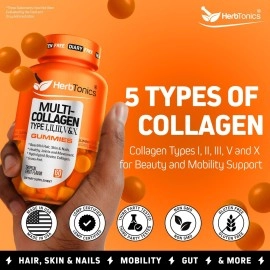 Herbtonics Multi Collagen Gummies Type 1,2,3,5 & 10 with Biotin for Hair Growth Skin Nails Supplement Anti Aging Skin Care peptide with Vitamin C Zinc for Women, Non-GMO