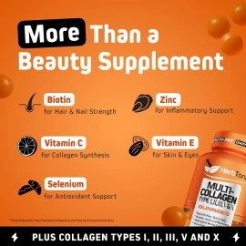 Herbtonics Multi Collagen Gummies Type 1,2,3,5 & 10 with Biotin for Hair Growth Skin Nails Supplement Anti Aging Skin Care peptide with Vitamin C Zinc for Women, Non-GMO