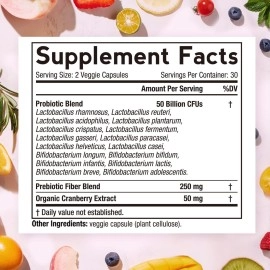 OmniRecipes Probiotic for Women, 60 Caps 50 Billion CFU 16 Strains, with Organic Prebiotics Cranberry for Digestive Immune Vaginal & Urinary Health, Shelf Stable, Delayed Release, No Soy Gluten Dairy