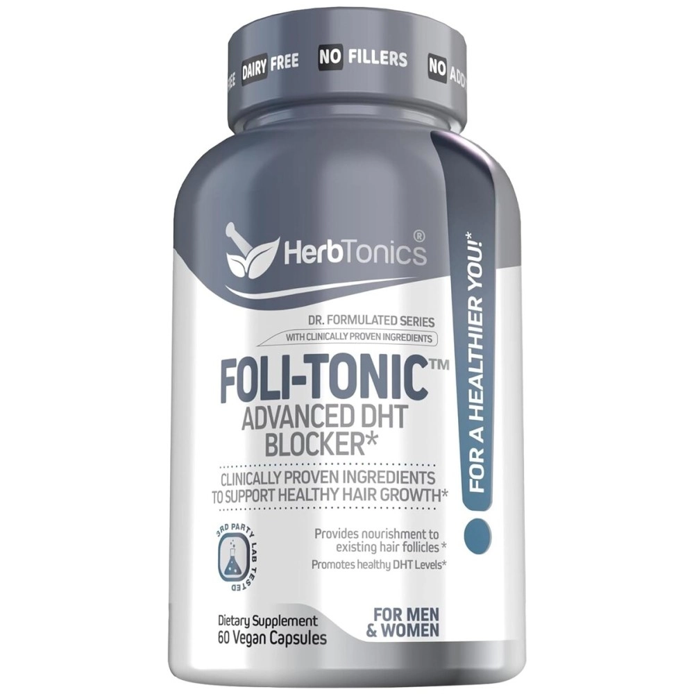 Herbtonics Foli-Tonic Advanced DHT Blocker To Stop Hair Loss, Hair Thinning & Help Thicker Hair Growth - Hair Regrowth Vitamin Supplement for Men and Women, 60 Vegan Capsules