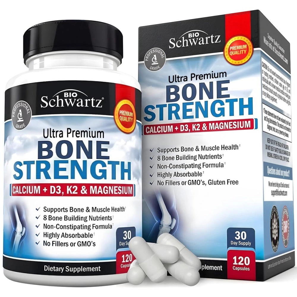 BioSchwartz Bone Strength Calcium Supplement w/Vitamin D3, K2, C, Magnesium, Zinc - 8 Bone-Building Nutrients, High Absorption, Non-Constipating Formula - 120 Veggie Capsules for Optimal Bone Health