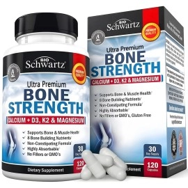 BioSchwartz Bone Strength Calcium Supplement w/Vitamin D3, K2, C, Magnesium, Zinc - 8 Bone-Building Nutrients, High Absorption, Non-Constipating Formula - 120 Veggie Capsules for Optimal Bone Health
