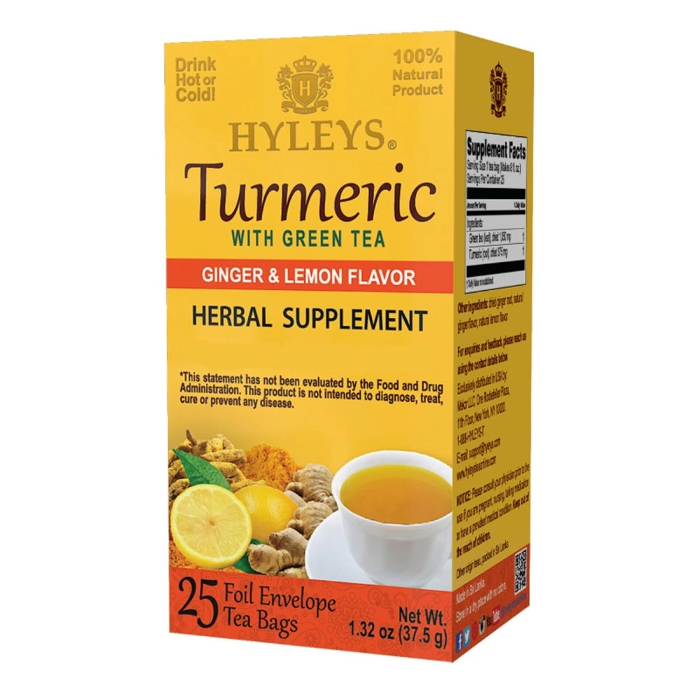 Hyleys Ginger Turmeric Tea Lemon Flavor - 25 Tea Bags - Wellness Herbal Supplement Green Tea