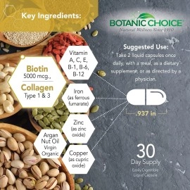 Botanic Choice - Ultra Premium Hair Skin Nails Support Supplement with 5,000 mcg Biotin Folate Collagen - Super Antioxidant Blend Vitamins for Women - 60 Liquid Pills