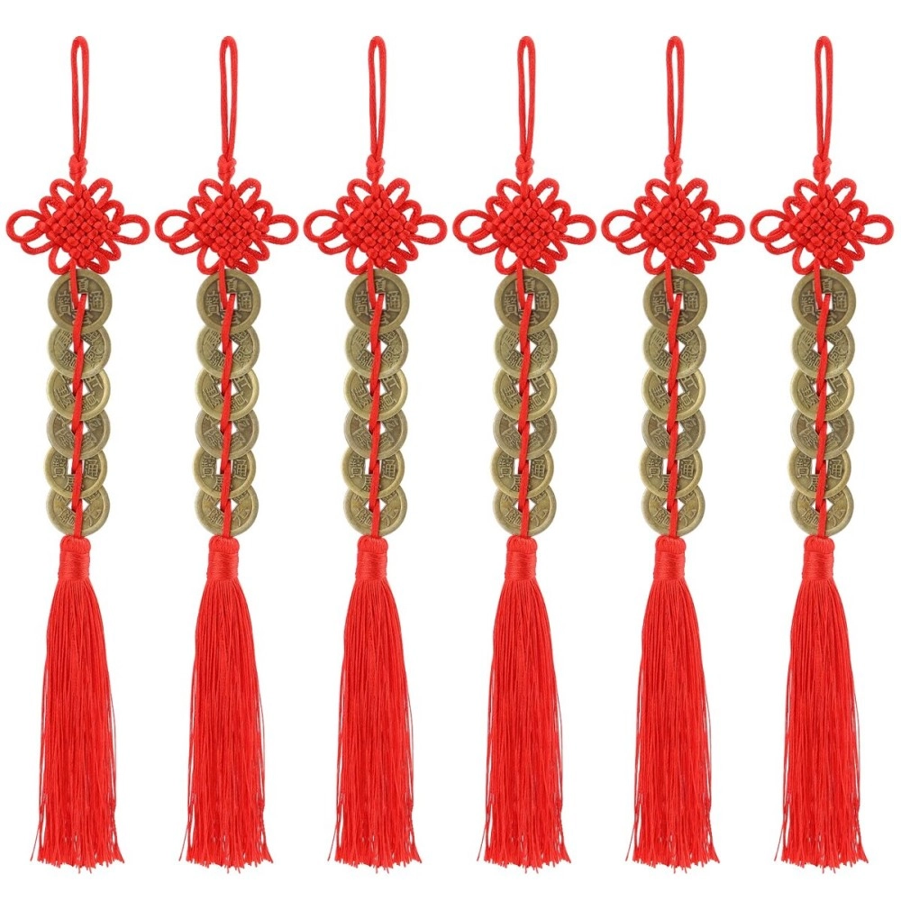 ISKYBOB Chinese Feng Shui Coins, Set of 6 I Ching Coins with Red Chinese Knot String Vintage Lucky Fortune Coins Charm for Home Car Hanging Decoration