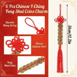 ISKYBOB Chinese Feng Shui Coins, Set of 6 I Ching Coins with Red Chinese Knot String Vintage Lucky Fortune Coins Charm for Home Car Hanging Decoration