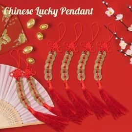 ISKYBOB Chinese Feng Shui Coins, Set of 6 I Ching Coins with Red Chinese Knot String Vintage Lucky Fortune Coins Charm for Home Car Hanging Decoration