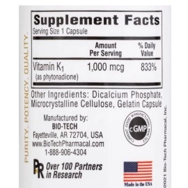 Bio-Tech Pharmacal K1-1000 (Vitamin K1) 100 Capsules - 3 Pack