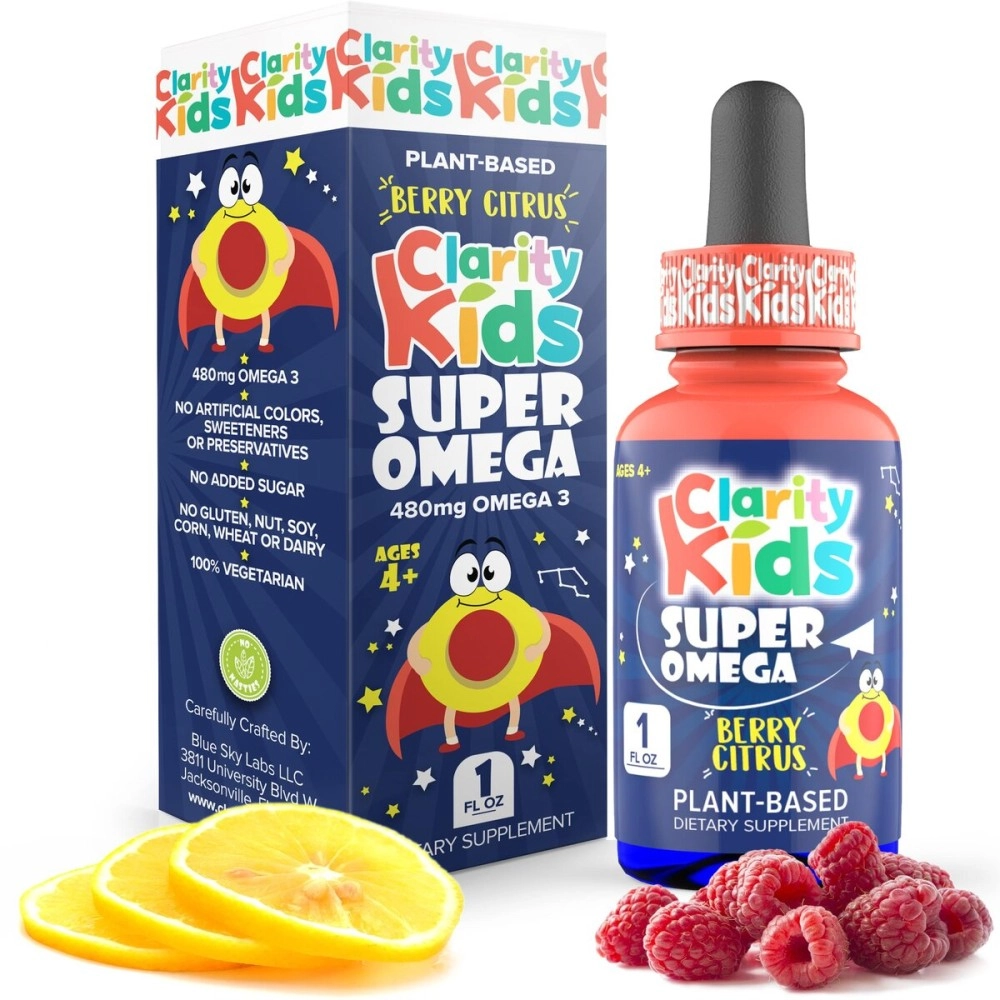 Clarity Prime Kids Super Omega with DHA + EPA | Omega 3 for Better Focus & Quality Sleep | Algae Oil Omega 3 Liquid (1 mL) | All Natural DHA Drops for Children | USA Made Supplement | (1 fl oz)