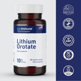 AgeImmune Lithium Orotate Supplement 10mg, 60 Vegetarian Capsules. Supports Memory and Emotional Wellness. Magnesium Stearate Free Supplements. (1)