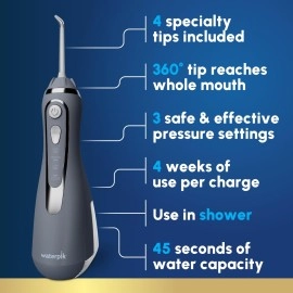 Waterpik Cordless Advanced 2.0 Water Flosser For Teeth, Gums, Braces, Dental Care With Travel Bag and 4 Tips, ADA Accepted, Rechargeable, Portable, and Waterproof, Gray WP-587, Packaging May Vary