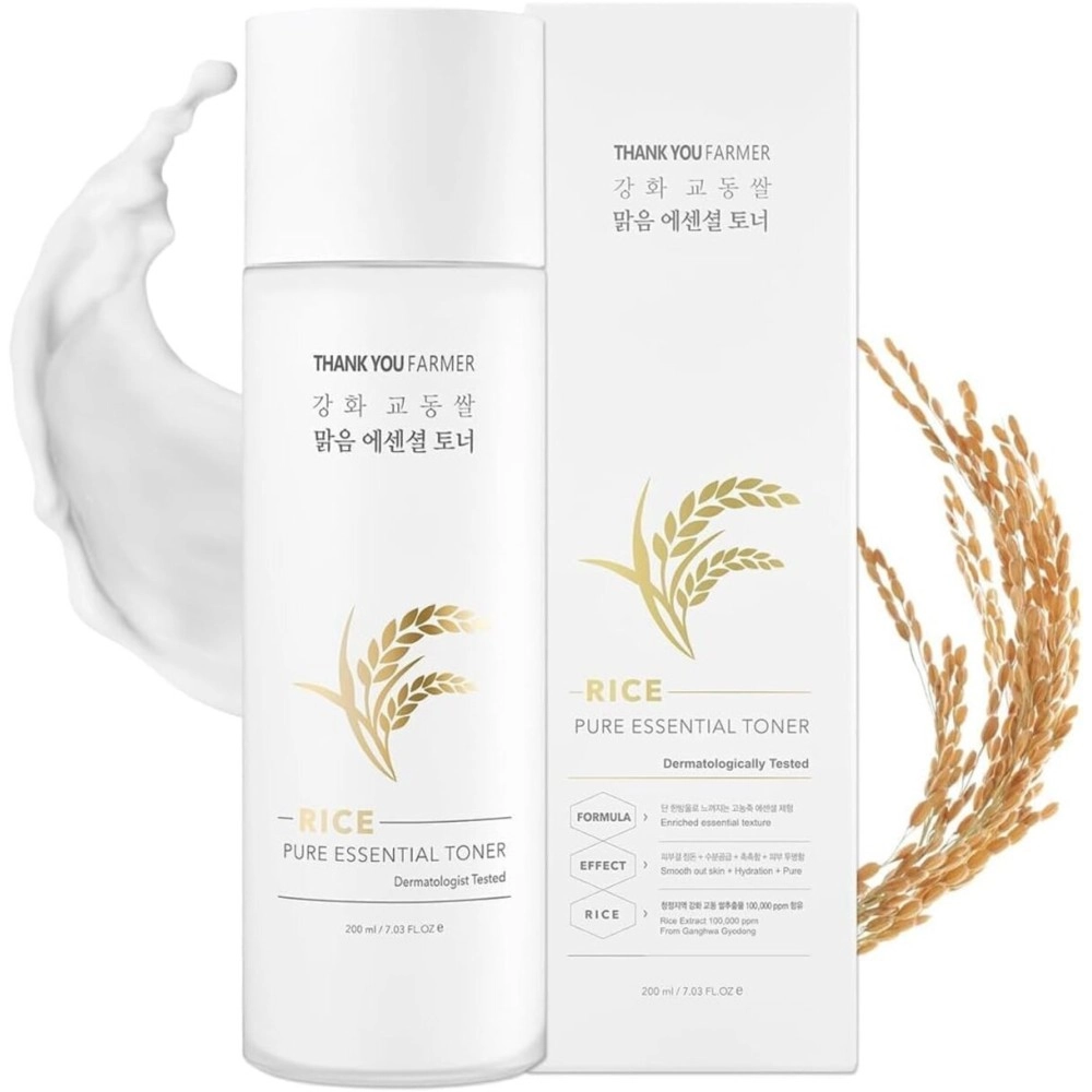 THANKYOU FARMER Rice Pure Essential Toner 200ml - Korean Rice Milky Toner, K-Beauty Skincare, Niacinamide, Vegan