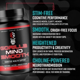 Gorilla Mind Smooth Nootropic Formula - Best Non-Stimulant Productivity Supplement/Memory  Focus  Mental Clarity  No Jitters / 90 Capsules