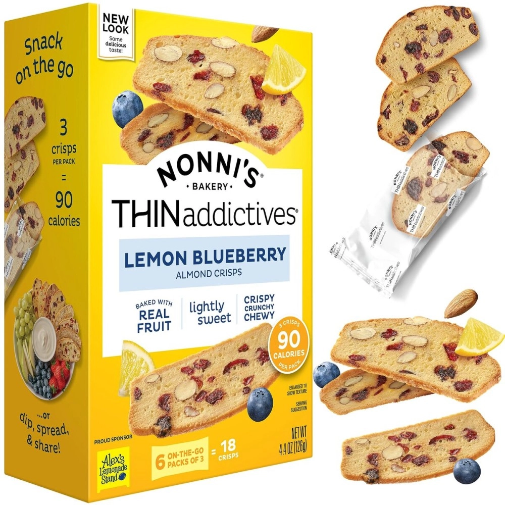 Nonni\'s THINaddictives Almond Thin Cookies - Lemon Blueberry Biscotti Italian Cookie Thin - Almond Cookie - Sweet Crunchy & Chewy - Biscotti Individually Wrapped Cookie - Kosher Coffee Cookie - 4.4 oz