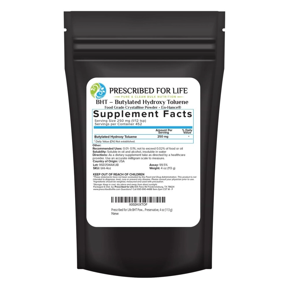 Prescribed For Life BHT Powder | Powdered Butylated Hydroxytoluene for Food Preservation | Vegan, Gluten Free, Non GMO, Unbleached, Soy Free (4 oz / 113 g)