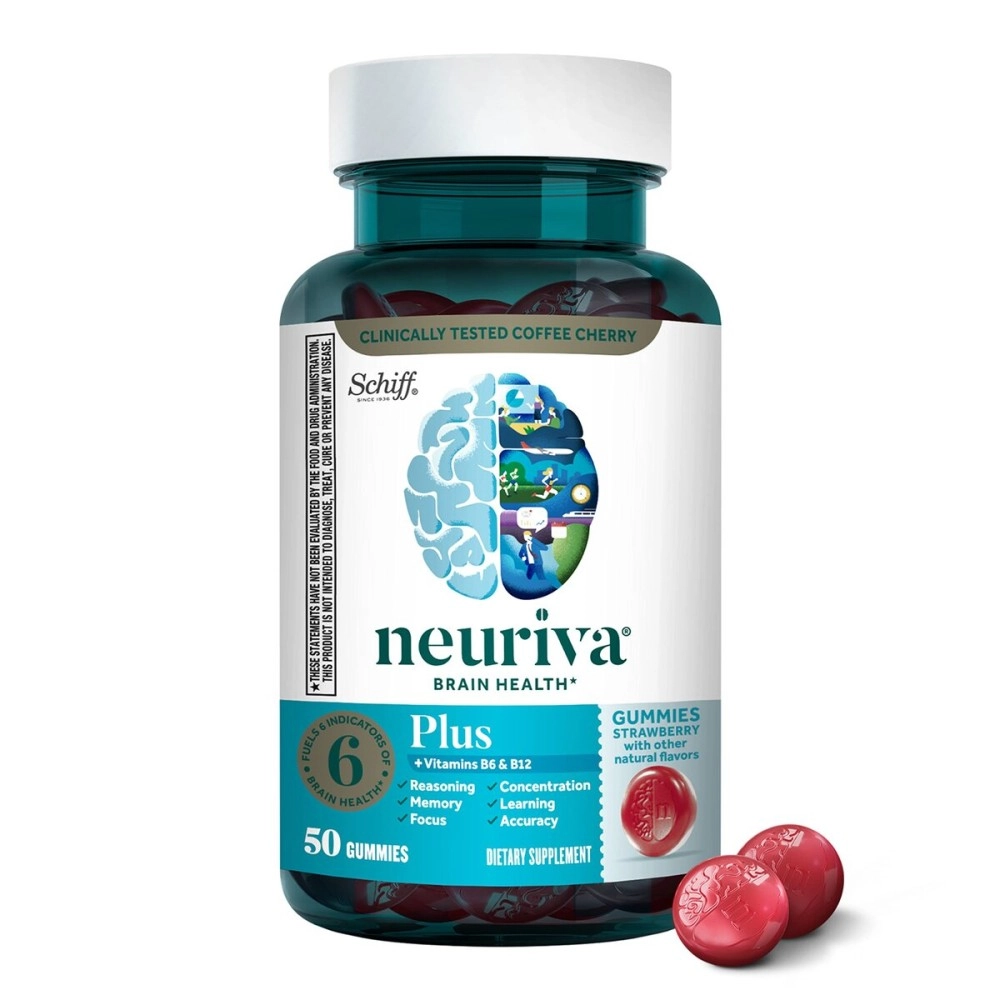 NEURIVA Plus Brain Supplement For Memory, Focus & Concentration + Cognative Function with Vitamins B6 & B12 and Clinically Tested Nootropics Phosphatidylserine and Neurofactor, 50ct Strawberry Gummies