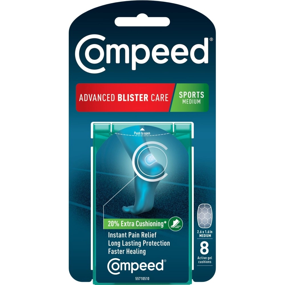 Compeed Advanced Blister Care 8 Count Sports Medium (2 Packs), Hydrocolloid Bandages, Heel Blister Patches, Blister on Foot, Blister Prevention & Treatment Help, Waterproof Cushions