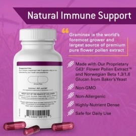 Graminex Pollimmune 500mg Beta 1,3 / 1,6 Glucan (Baker\'s Yeast) and Flower Pollen Extract Antioxidant Formula, Natural Immune System Support Supplement & Energy Booster - 90 Vegetarian Capsules