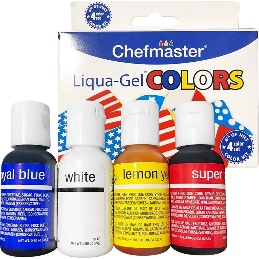 Chefmaster - 4th of July Liqua-Gel Food Color Kit - 4 Pack - Vibrant Patriotic Colors, Easy-To-Blend Formula, Fade-Resistant - For Cake Decorating, Cookie Decorating, Drinks and More - Made in the USA