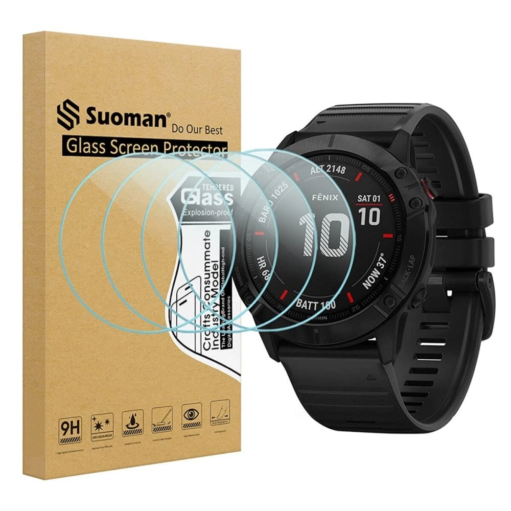 Suoman 4-Pack Screen Protector, 2.5D 9H Hardness Tempered Glass for Garmin Fenix 6X Pro/ 6X Pro Solar/ 6X Sapphire Smartwatch