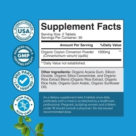 Organic Ceylon Cinnamon Tablets 1000mg - Organic Ceylon Cinnamon Powder Memory Supplement for Brain Support - Non GMO Organic Cinnamon Pills for Heart Health and Organic Immune System Booster