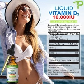 Power by Naturals - High Potency Liquid Vitamin D3 10000 IU - High Dose Vitamin D - The Sunshine D3 Vitamin Supplement - Vitamin D Drops Adult for Faster Absorption, Natural Orange Flavor - 30mL
