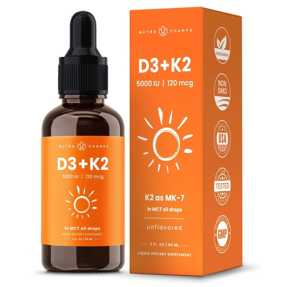 Vitamin D3 K2 Drops | Liquid Vitamin D3 5000 IU & K2 D3 with MK7 | Vitamin D Drops for Kids | Bones, Heart & Immune Health | Liquid Vitamin D in MCT Oil for Better Absorption Than Capsules & Gummies