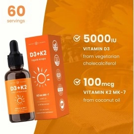 Vitamin D3 K2 Drops | Liquid Vitamin D3 5000 IU & K2 D3 with MK7 | Vitamin D Drops for Kids | Bones, Heart & Immune Health | Liquid Vitamin D in MCT Oil for Better Absorption Than Capsules & Gummies