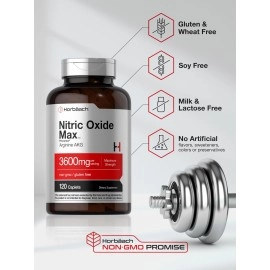 Horbach Nitric Oxide Max 3600mg | 120 Caplets | with Arginine AAKG for Men and Women | Vegetarian, Non-GMO, & Gluten Free Pre Workout Supplement | by