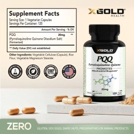 X Gold Health PQQ Supplement Veggie Capsules (Pyrroloquinoline Quinone), 99,7%+ Highly Purified - Promotes Mitochondrial Biogenesis, Energy Optimizer, Heart Cognitive Function & Sleep Support (120 CT)