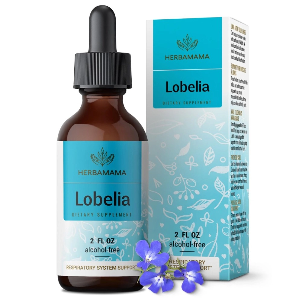 HERBAMAMA Lobelia Liquid Extract - Organic Herb Tincture Supporting Lung, Muscle & Joint Function - Natural Herbal Drops for Mood & Stress Relief - Vegan Supplement, No Sugar or Alcohol - 2 fl. Oz