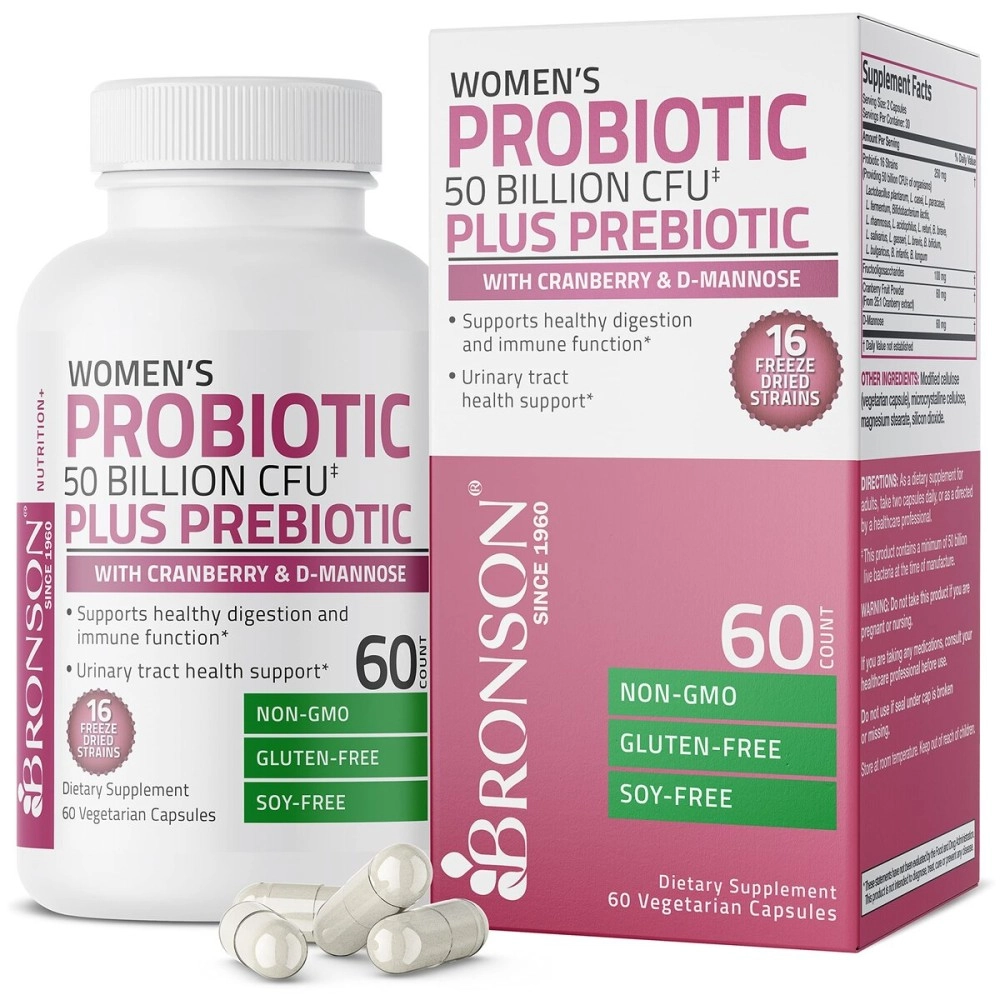 Bronson Women\'s Probiotic 50 Billion CFU + Prebiotic with Cranberry & D-Mannose - l Health, Healthy Digestion, Immune Function and Urinary Tract Support, Non-GMO, 60 Vegetarian Capsules