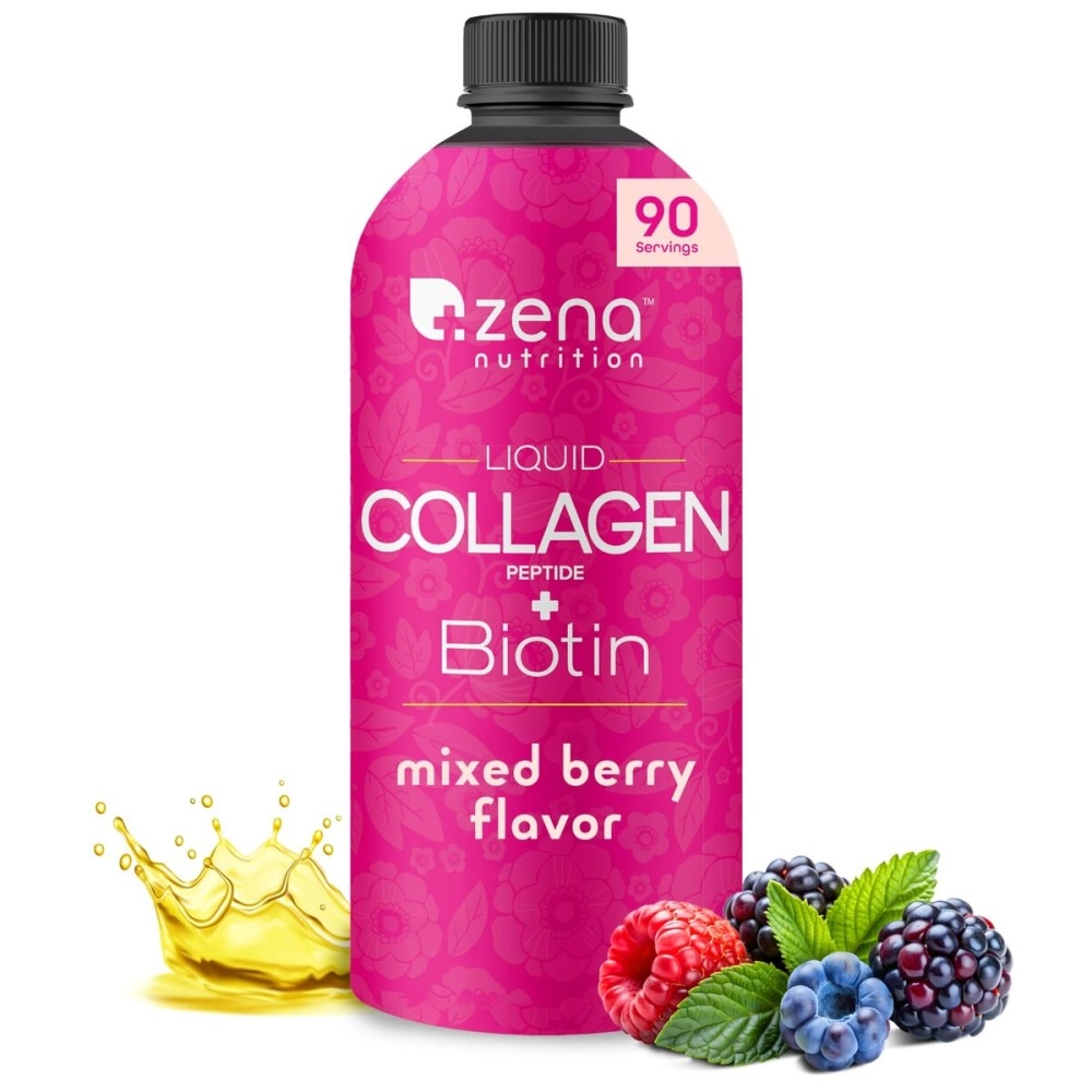 Zena Liquid Collagen + Biotin, 2500mg of Bioactive Collagen Peptides and 5000mcg Biotin, Verisol Formula, Hair, Skin, Nail and Joint Support, Grass-Fed, Non-GMO, Mixed Berry Flavor, 90 Servings