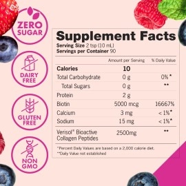 Zena Liquid Collagen + Biotin, 2500mg of Bioactive Collagen Peptides and 5000mcg Biotin, Verisol Formula, Hair, Skin, Nail and Joint Support, Grass-Fed, Non-GMO, Mixed Berry Flavor, 90 Servings