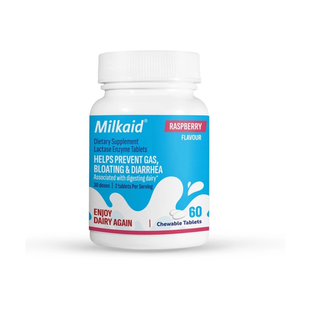 Milkaid Lactase Enzyme Chewable Tablets for Lactose Intolerance Relief | Prevents Gas, Bloating & Diarrhoea | Fast Acting Dairy Digestive Supplement | Gluten Free & Vegan | 60 tablets