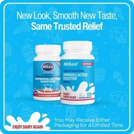 Milkaid Lactase Enzyme Chewable Tablets for Lactose Intolerance Relief | Prevents Gas, Bloating & Diarrhoea | Fast Acting Dairy Digestive Supplement | Gluten Free & Vegan | 60 tablets