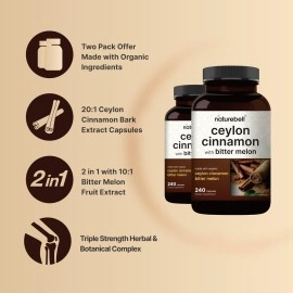 NatureBell 2 Pack Ceylon Cinnamon 9000mg Per Serving, 480 Capsules | Made with Organic Sri Lanka Ceylon Cinnamon Plus Organic Bitter Melon - Non-GMO, No Gluten