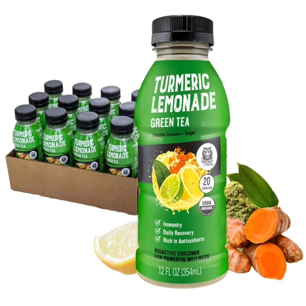 Golden Tiger Organic Turmeric Lemonade with Green Tea - Bio Active Curcumin + Green Tea + Ginger - 12 Bottles - Recover with Plant Based Power - 20 Calories